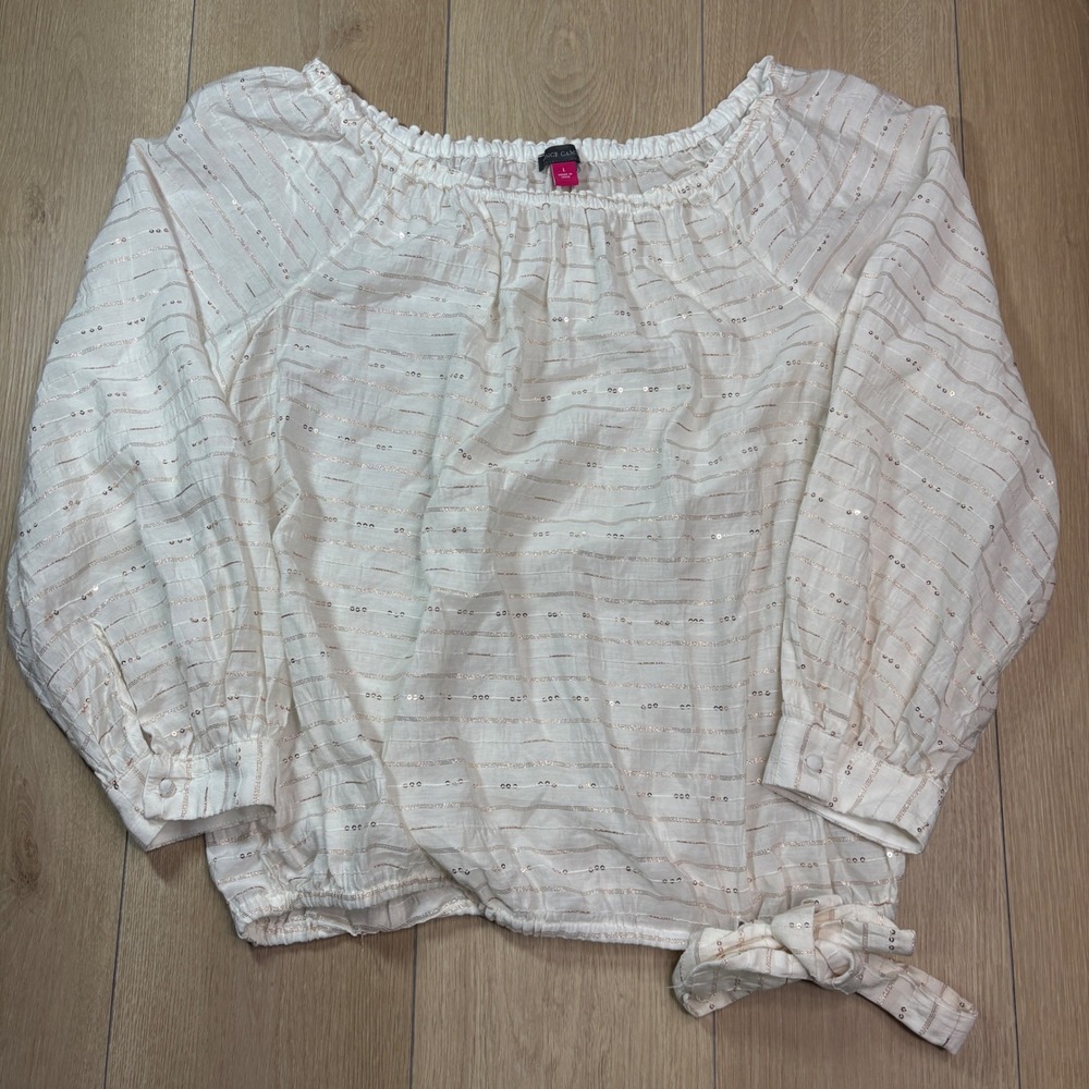 Vince Camuto Women Large White Rose Gold Lurex Sequin Off Shoulder Tie Blouse